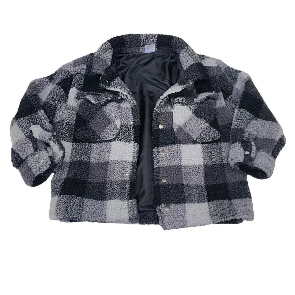 Wonder‎ Nation Boys Faux Sharpa Button Trucker Jacket Black Plaid,Size S (6-7) - Picture 7 of 11